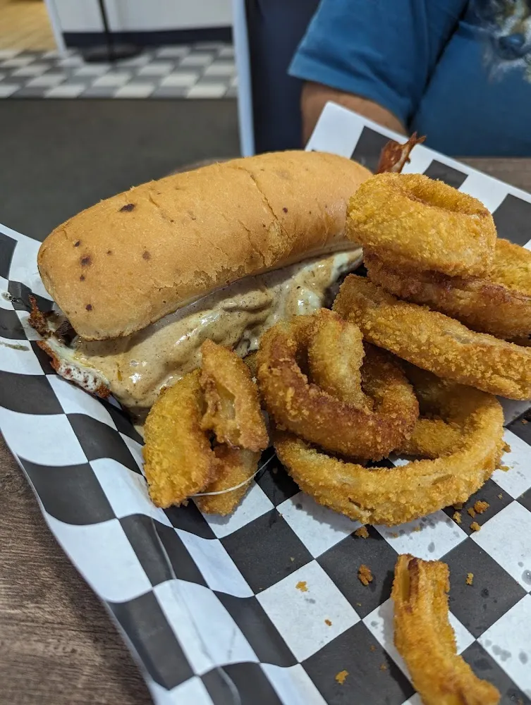 Steak Sandwich with Onion Rings
